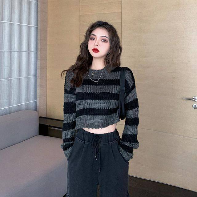 Áo Sweater Dệt Kim Dáng Ngắn Kẻ Sọc Kiểu Retro Phương Tây Thời Trang Xuân Thu Cá Tính