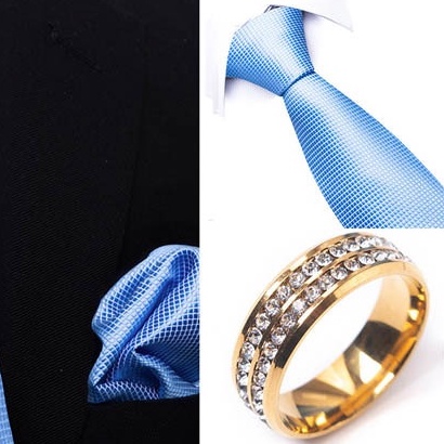 Bộ Cà vạt 4 món gồm Cavat 8cm, khăn cài túi, Măng-set, Nhẫn tròn phụ kiện sang trọng, Cravat chú rể, Calavat công sở