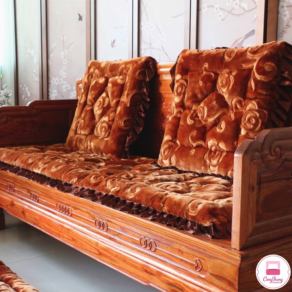 ( Quà tặng miếng dán 3M ) Bộ Đệm Ghế Gỗ, Trường Kỷ Sofa Hoa Hồng Chất Liệu Vải Nhung Ấm Áp ( Trọn Bộ 1 dài 2 ngắn)