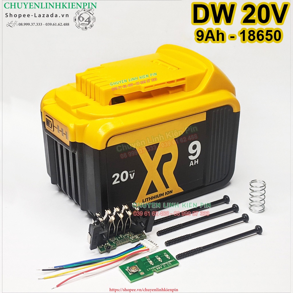 Vỏ, mạch pin Dewalt 18V - 9Ah có led báo pin và nhận sạc zin 5S3P 18650 ( Bl64_223 )