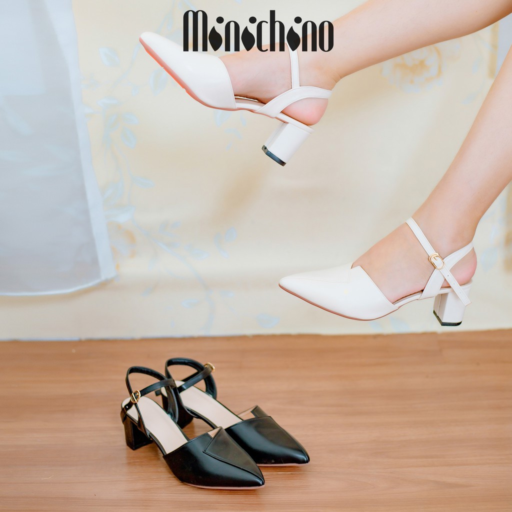 Giày cao gót nữ đế vuông cao 5cm MINICHINO giày sandal nữ mũi nhọn hở gót, phối dây thời trang màu đen TC001