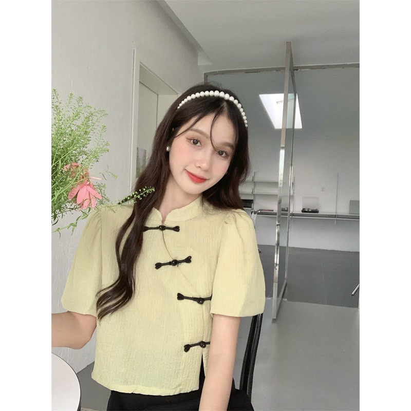 Giới Hạn Thời Gian Khuyến Mãi Áo Sơ Mi Ngắn Tay Phồng Đính Đĩa Tròn Phong Cách Trung Hoa Nhẹ Nhàng Cá Tính Thời Trang Mùa Hè Cho Nữ