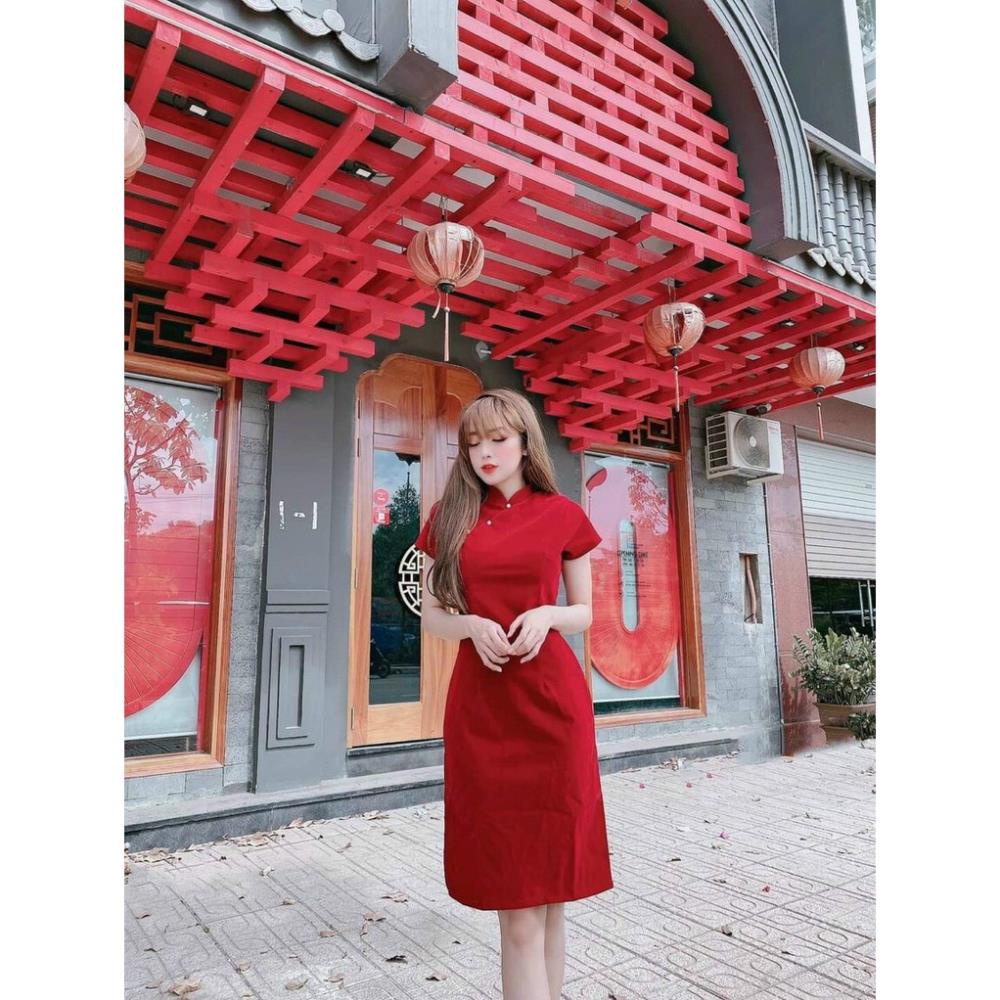 T72 Ảnh thật Đầm body cổ tàu xẻ tà đính ngọc sườn xám áo dài cách tân mặc xuân Tết