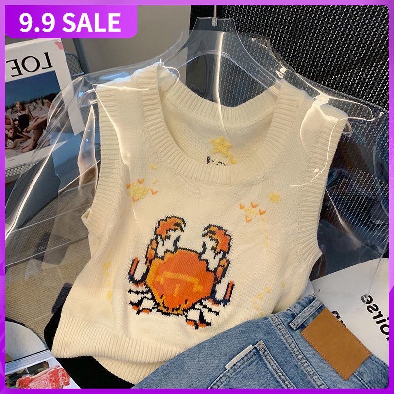 2022 summer new retro design interesting pattern printing slim sleeveless vest sweater