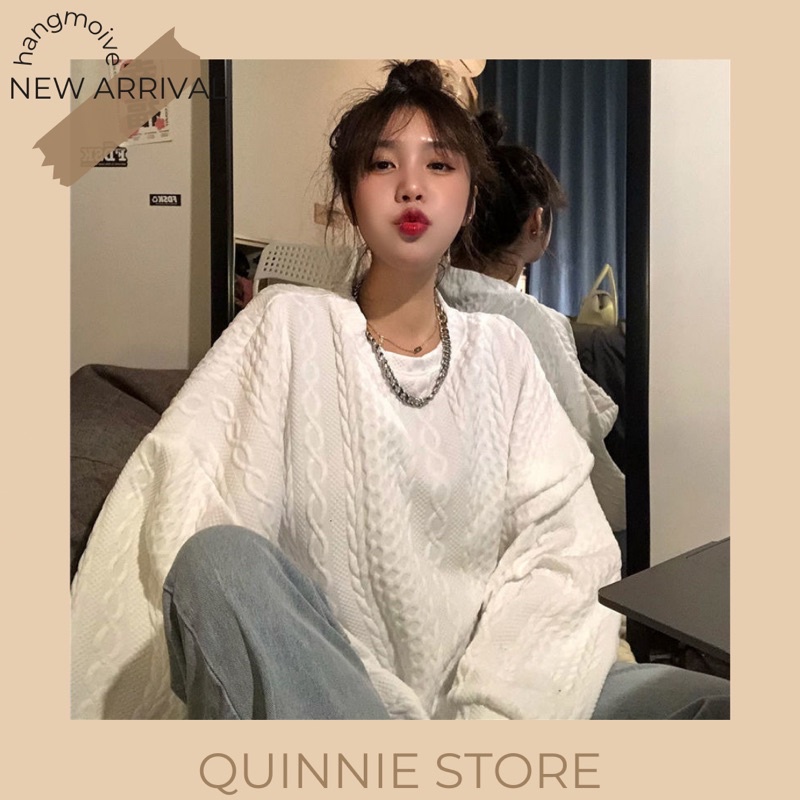 [SP mới cần đánh giá] Áo Sweater Hoạ Tiết Nổi, Áo Nỉ Dài Tay Dáng Rộng Màu Trắng QN95115
