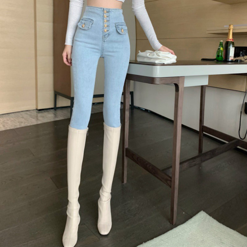 ✨Ready Stock✨Quần jean nữ cạp cao màu xanh nhạt vào mùa xuân và thu năm 2021 độ co giãn mới skinny bó sát hông b