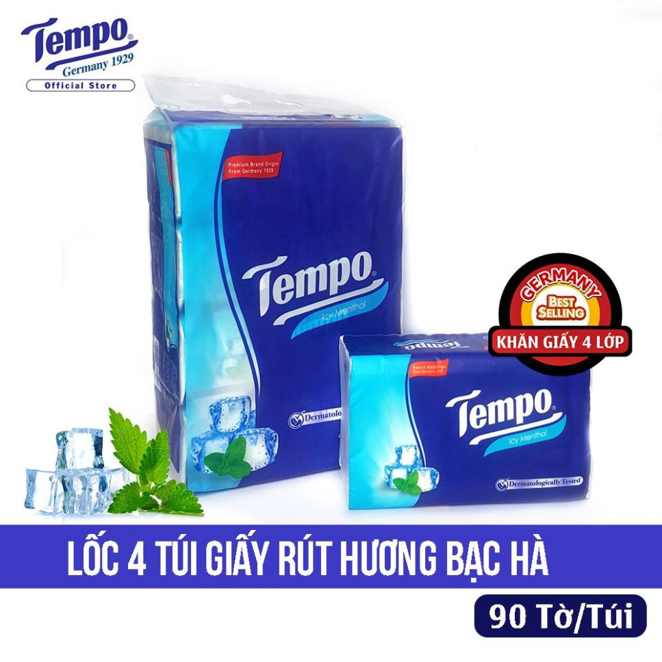 Lốc 4 Gói Khăn Giấy Rút  Tempo Hương Bạc Hà (Giấy 4 Lớp) - 90 Tờ/ Gói