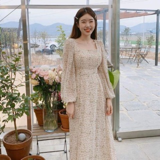 Đầm dài hoạ tiết hoa cổ vuông vintage Ulzzang