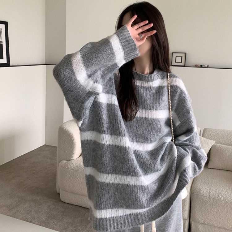 Áo sweater Dệt Kim Cổ Tròn Kẻ Sọc Màu Sắc Phong Cách Nhật Bản Thời Trang Thu Đông Cho Nữ