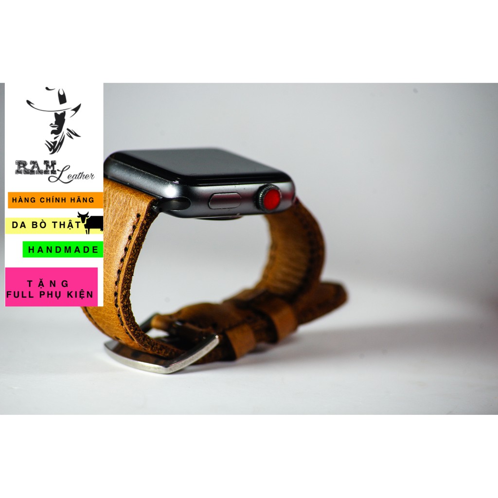 Dây apple watch da bê vàng handmade bền chắc cực đẹp RAM Leather classic 1989 - tặng khóa chốt và adapter