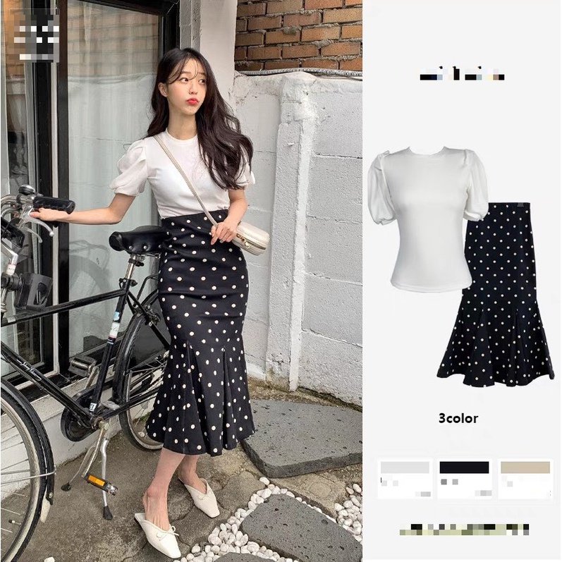 (ORDER-sẵn S, M) Chân váy MORAN bút chì dáng dài đuôi cá họa tiết chấm bi style công sở điệu đà sang chảnh