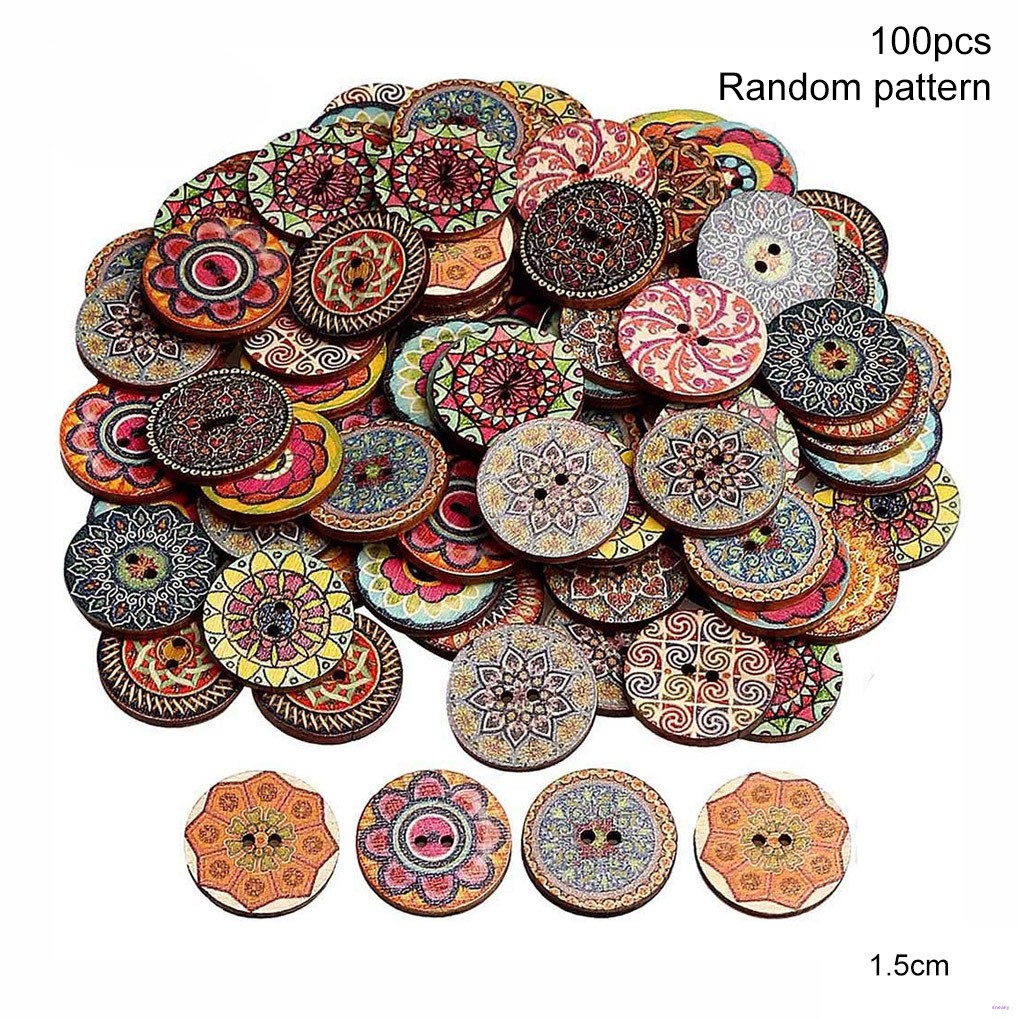 Bộ 100 Nút Gỗ Tròn 15mm In Hình Hoa Phong Cách Retro