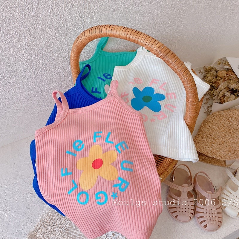 Áo Thun Cotton Hai Dây Họa Tiết Hoa Dễ Thương Dành Cho Bé