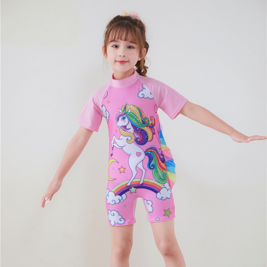 Đồ bơi trẻ em , đồ bơi bé gái | liền thân tay ngắn bao gồm nón bơi họa tiết kỳ lân size cho bé đến 30kg