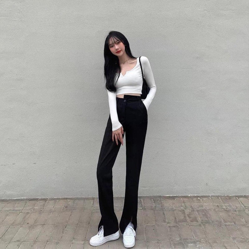 SET CROP V TAY DÀI + QUẦN ĐEN XẺ LAI Quá tiện quá chất, mua 1 thành 2 tách rời mix linh hoạt