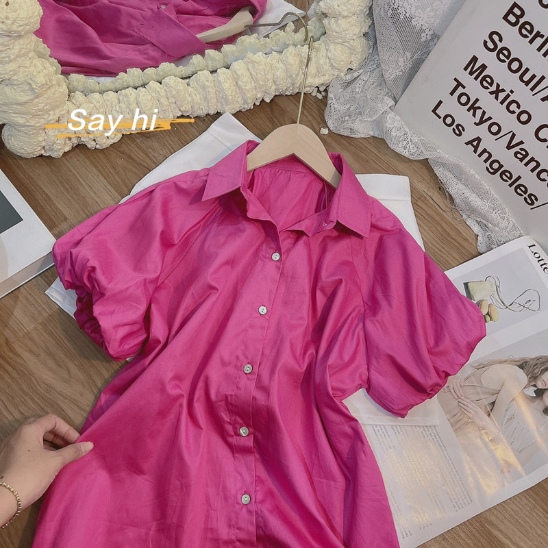 Set áo sơ mi hồng cánh sen tay bo  phồng ngắn kèm quần short giả váy trắng