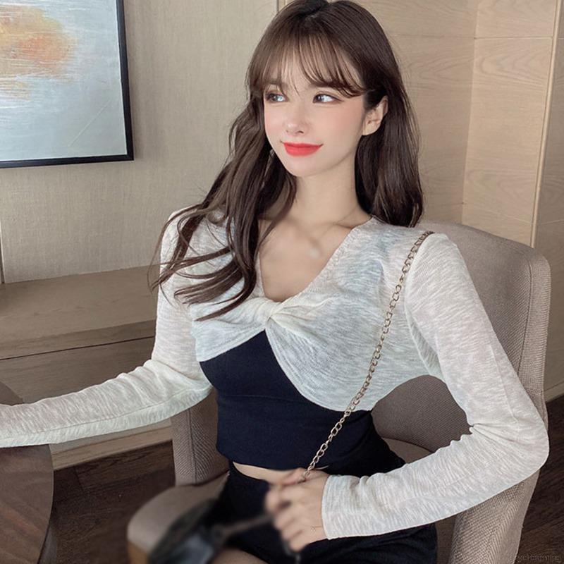 Áo Croptop Cổ Chữ V Thiết Kế Đan Chéo Thời Trang Cho Nữ