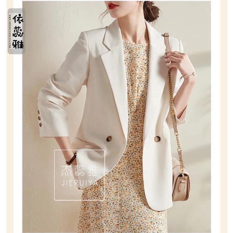 Áo blazer hai lớp dáng suông dài tay thiết kế 1 cúc có túi 2 màu đen be cho nữ