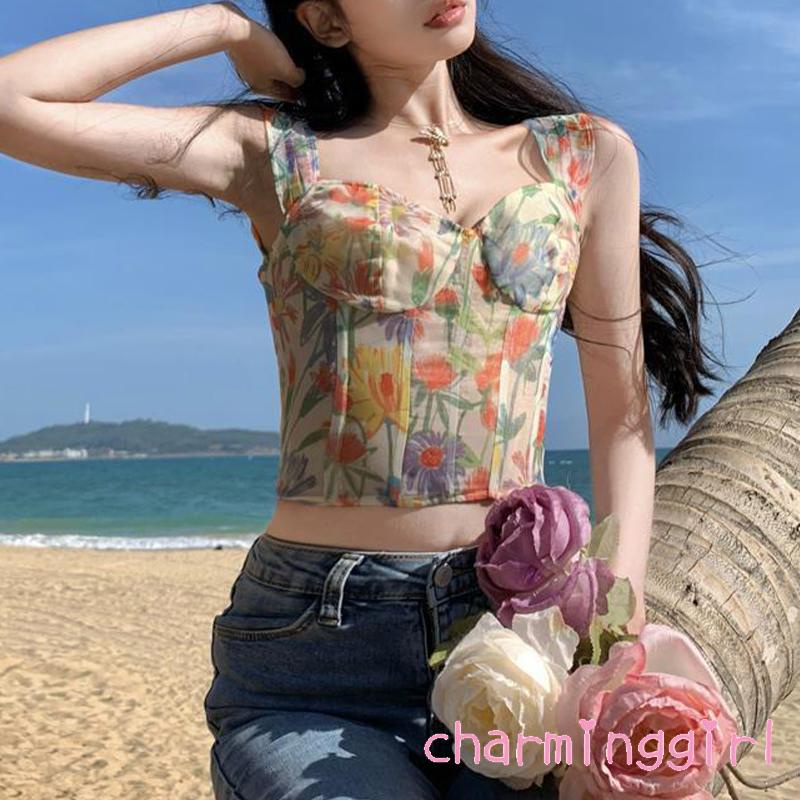 CHM-Women Sweet Vest Suspender Sweetheart Neck Floral Print Slim Fit Bustier Crop Tank Tops