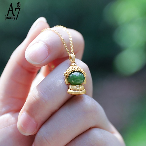 Vòng cổ Mạ Bạc 925 Mặt Hình Phật Đính Ngọc Bích Thời Trang Cho Nữ