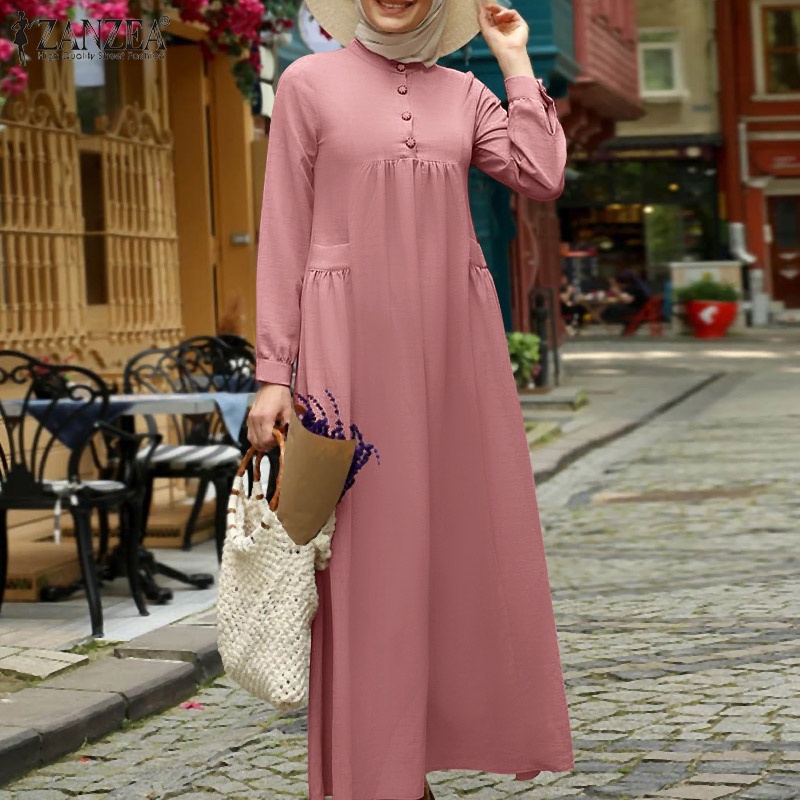 Zanzea Đầm Maxi Tay Dài Có Túi Phong Cách Hồi Giáo
