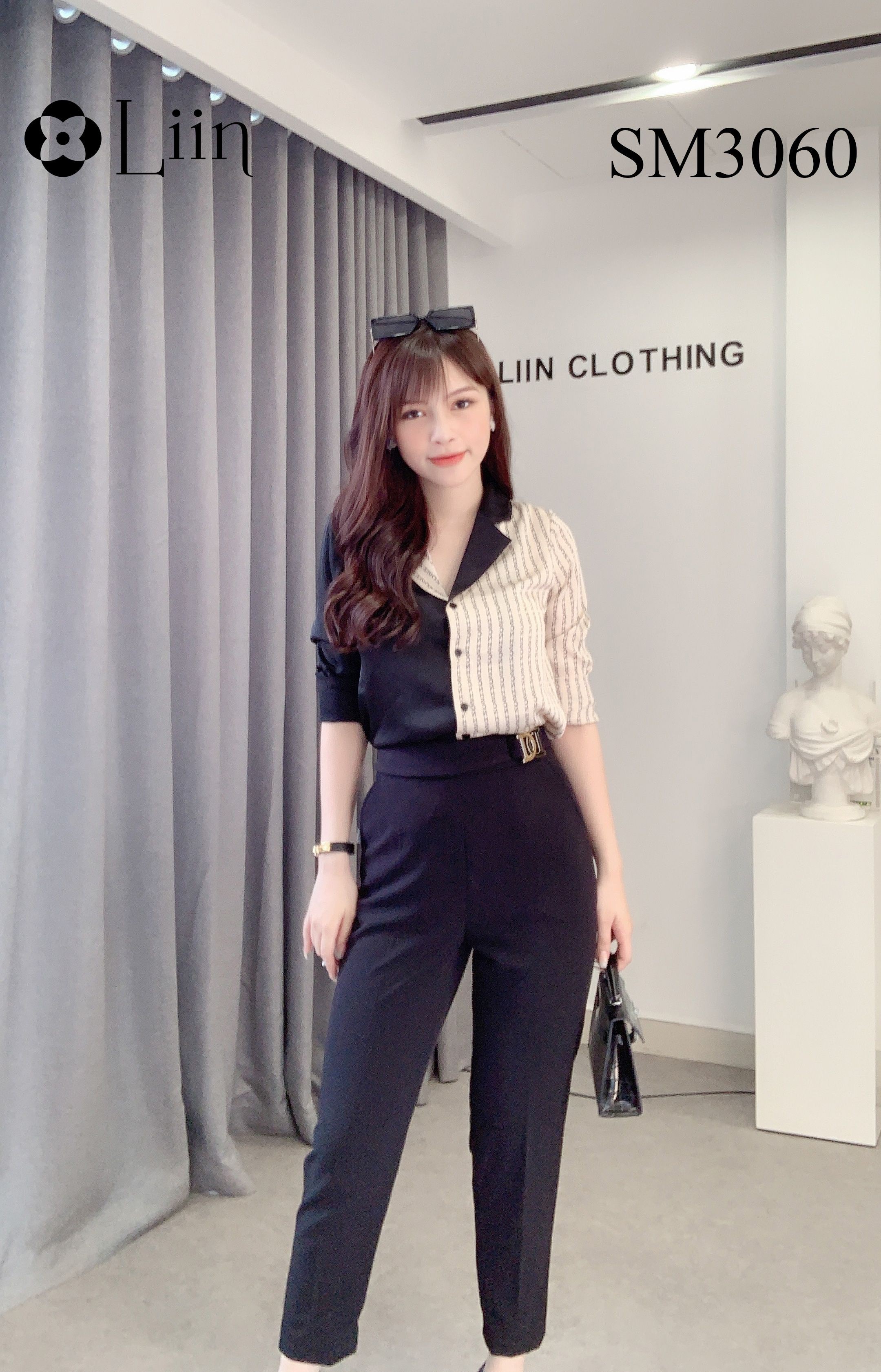 Áo sơ mi nữ màu Đen cao cấp phối Chữ kết hợp Cổ Vest sành điệu Liin Clothing SM3060