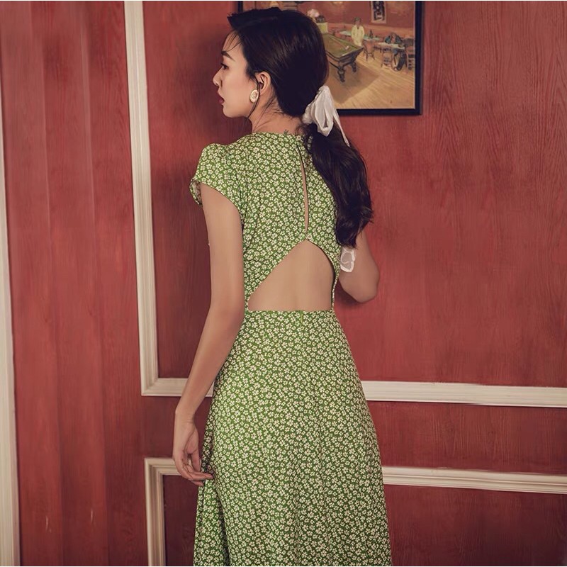 Sẵn - Váy maxi xanh phong cách retro