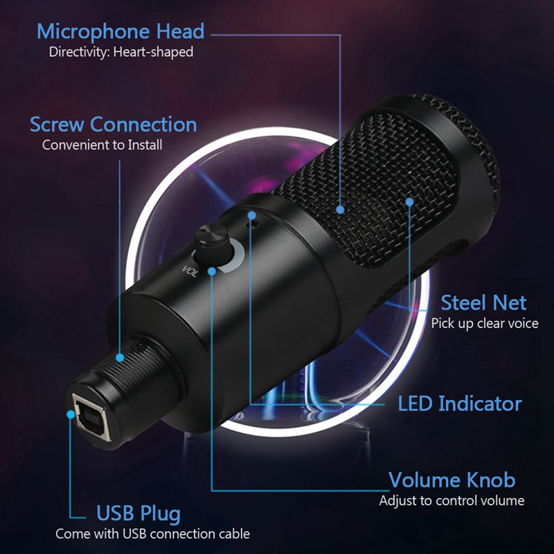 USB Microphone Karaoke Recording with Clip Tripod Plug and Play