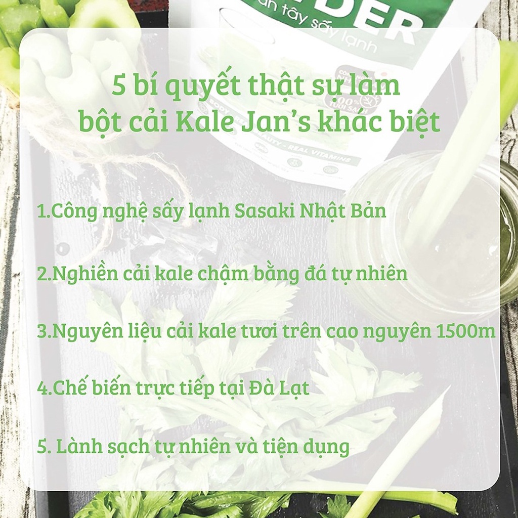 Bột cải Kale sấy lạnh Jan's 60gram hỗ trợ tiêu hóa tốt cho tim mạch và giảm nguy cơ mắc ung thư