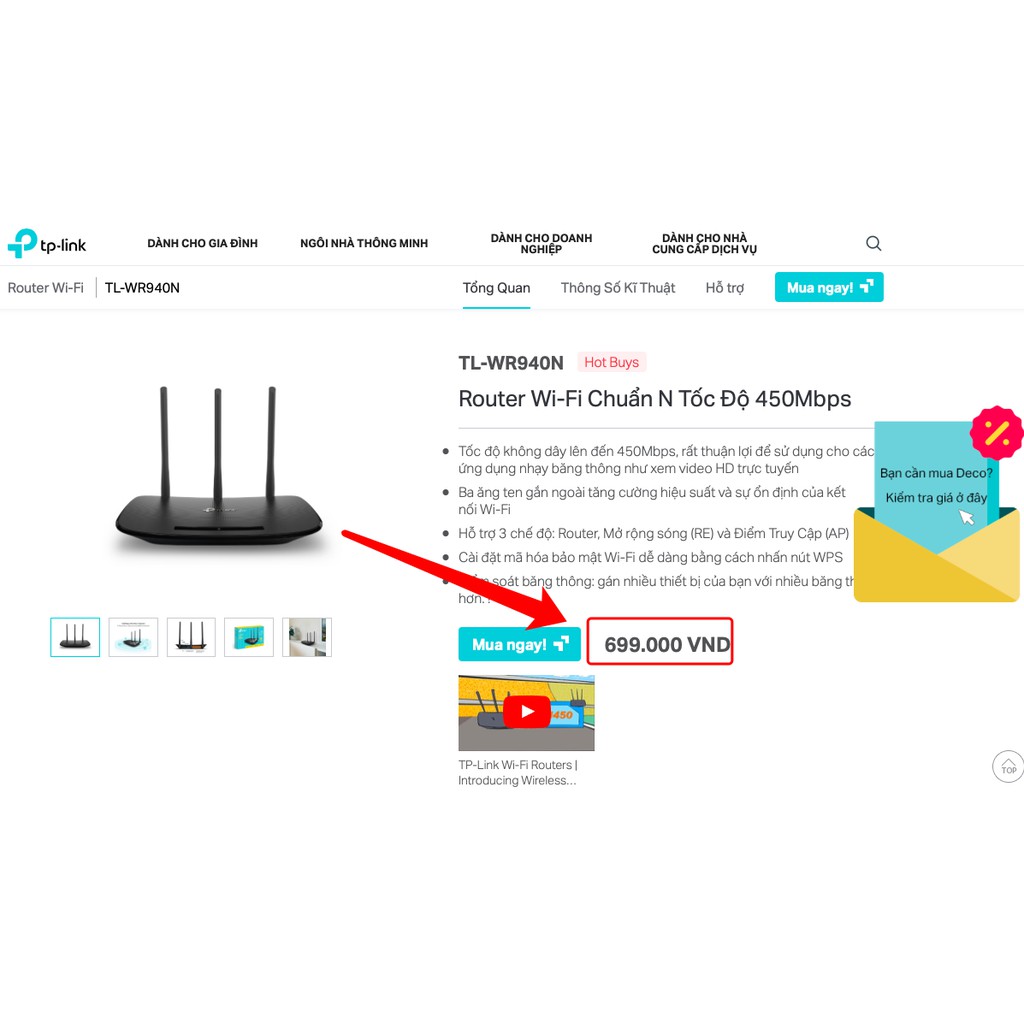 TP-Link N 450Mbps Bộ phát wifi không dây (Thiết bị mạng) - TL-WR940N - Hàng Chính Hãng