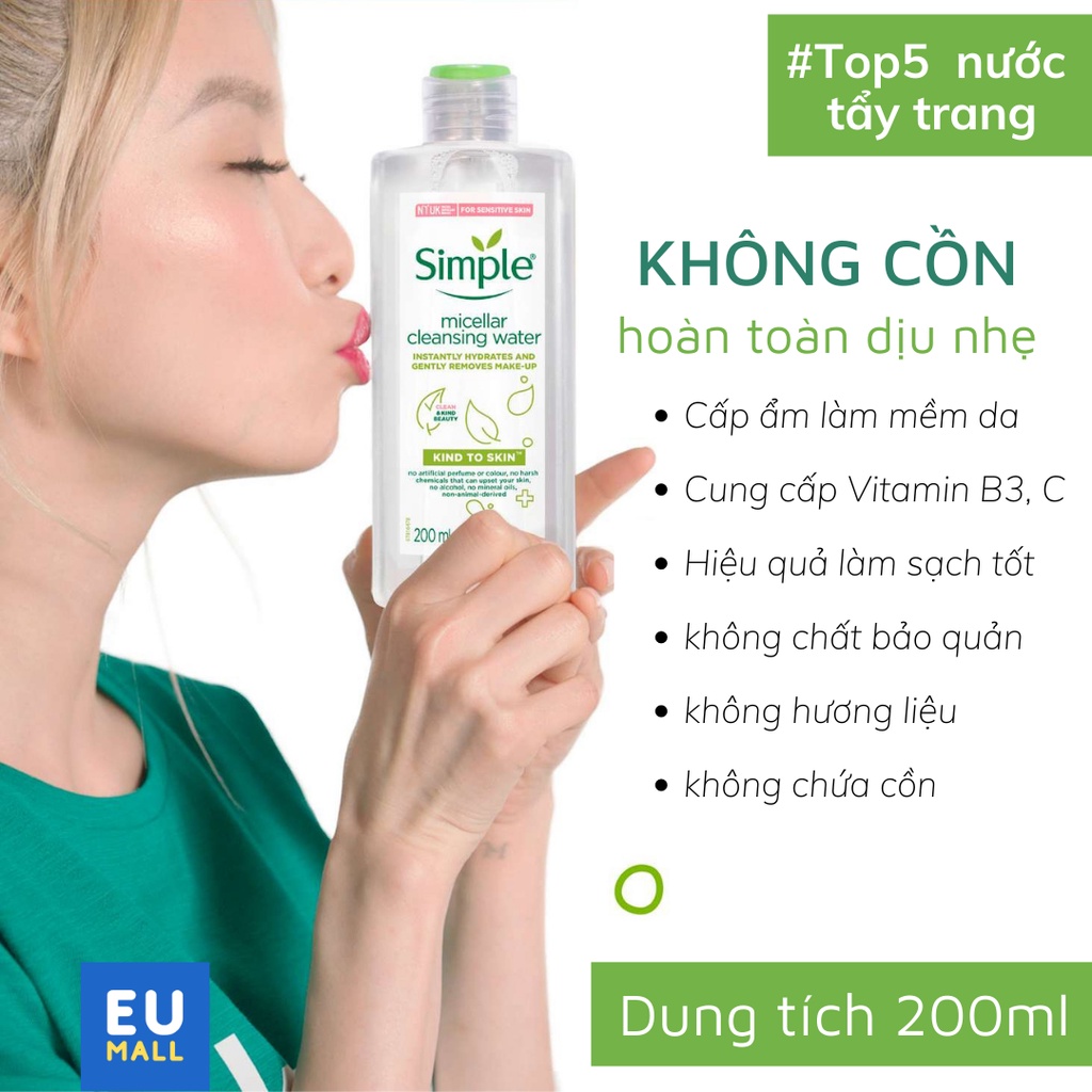Nước Tẩy Trang SIMPLE Sạch Sâu Dịu Nhẹ cho Da Nhạy Cảm Kind To Skin Micellar Water 200 mL | BigBuy360 - bigbuy360.vn