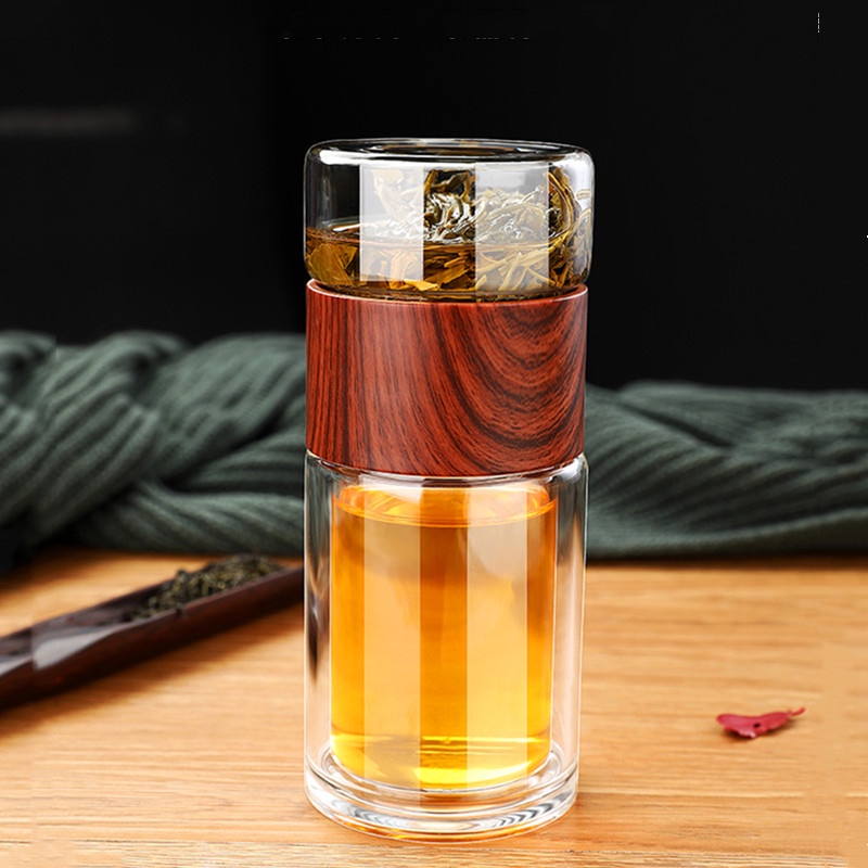 Bình đựng trà bằng thủy tinh hai lớp màu đen chống rò rỉ có bộ lọc mang đi du lịch Bình trà thủy tinh 2 lớp cách nhiệt giữ nhiệ