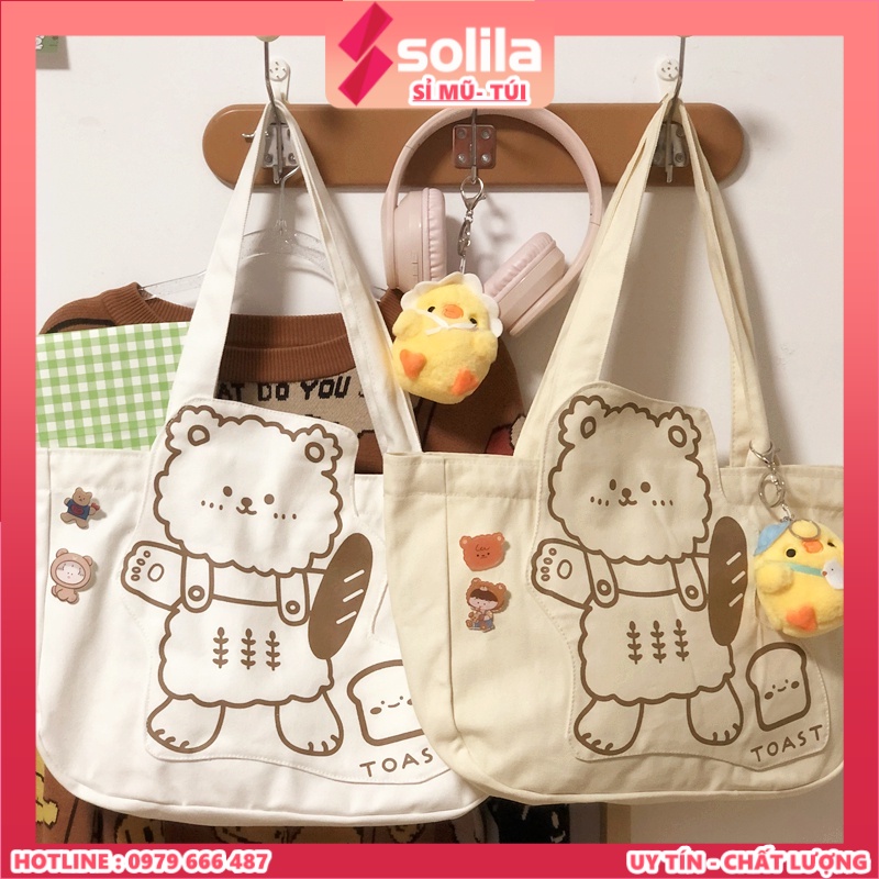 Túi tote vải canvas thời trang hàn quốc đựng đồ đi học đi chơi - gấu bánh mì