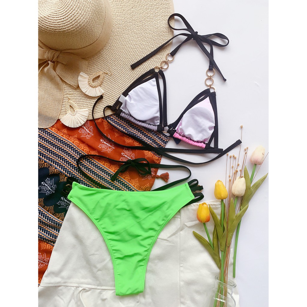 [BKN1350] &lt;ÂU&gt; SET BIKINI HỒNG TÍM QUẦN XANH NEON KHUY TRÒN