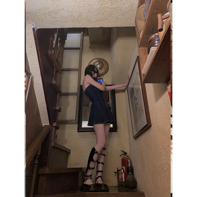 Đầm Denim Hai Dây Dáng Chữ a Ôm Eo Màu Trơn Quyến Rũ