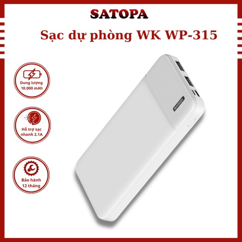 Pin sạc dự phòng 10000mah WK WP-315,Pin dự phòng sạc nhanh 2A thiết kế mỏng nhỏ gọn dùng cho ĐT táo androi - SATOPA Senk
