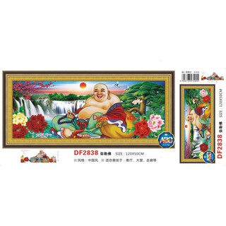 Tranh đính đá Phật Di Lặc và HOA MẪU ĐƠN. Kích thước: 120x50cm