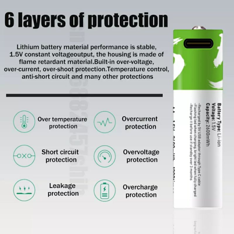 Bộ 2 pin tiểu AA, AAA sạc Type C với lõi Lithium dùng cho đồng hồ, khiển tivi, khiển quạt, khiển điều hoà