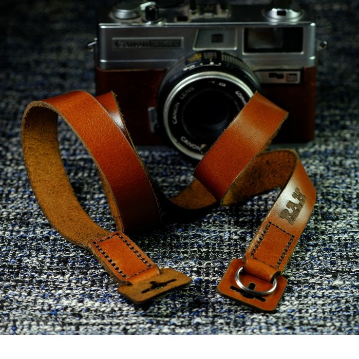 Dây máy ảnh vintage RAM Leather A22 da bò thật màu nâu đỏ