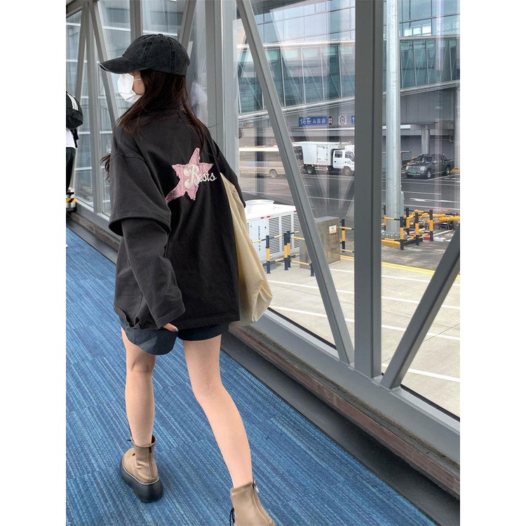 Aqiu 'S Shop ins Áo Thun Sweatshirt Tay Dài Giả Hai Mảnh Giặt Rửa Được Phong Cách Mới Mùa Thu 2022