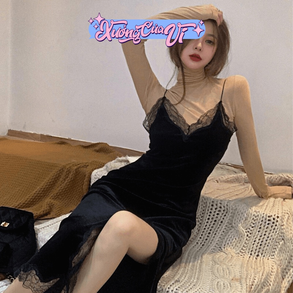 Set đầm nhung đen dài hai dây ngực phối ren xẻ tà tôn dáng + áo cổ lọ tay dài SAV016 Xưởng Của Vi