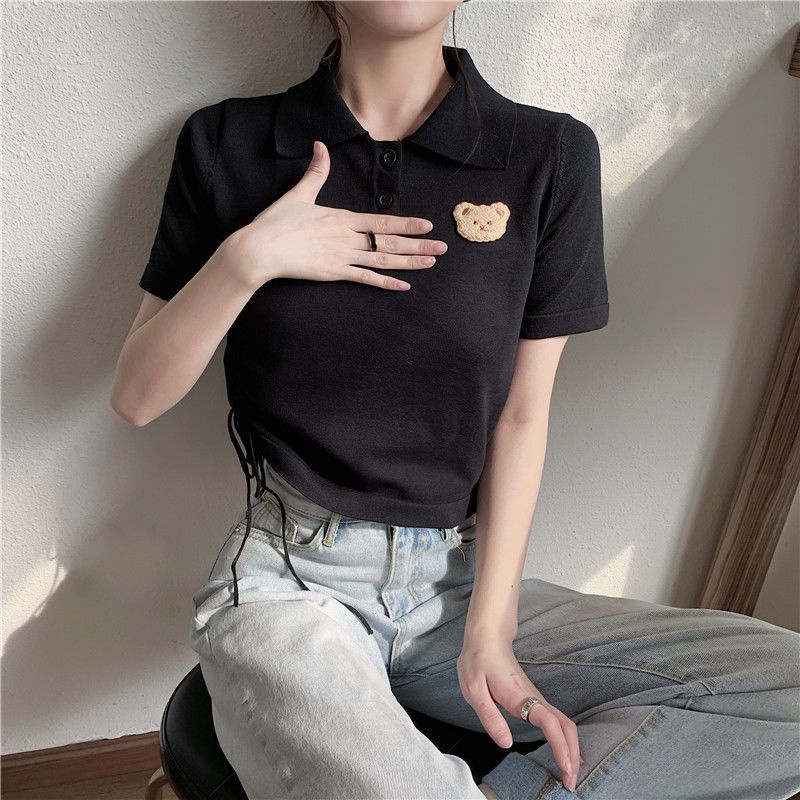 Áo polo Tay Ngắn Phối Dây Rút In Hình Gấu Trắng Thời Trang Mùa Hè Mới Dành Cho Bạn Nữ