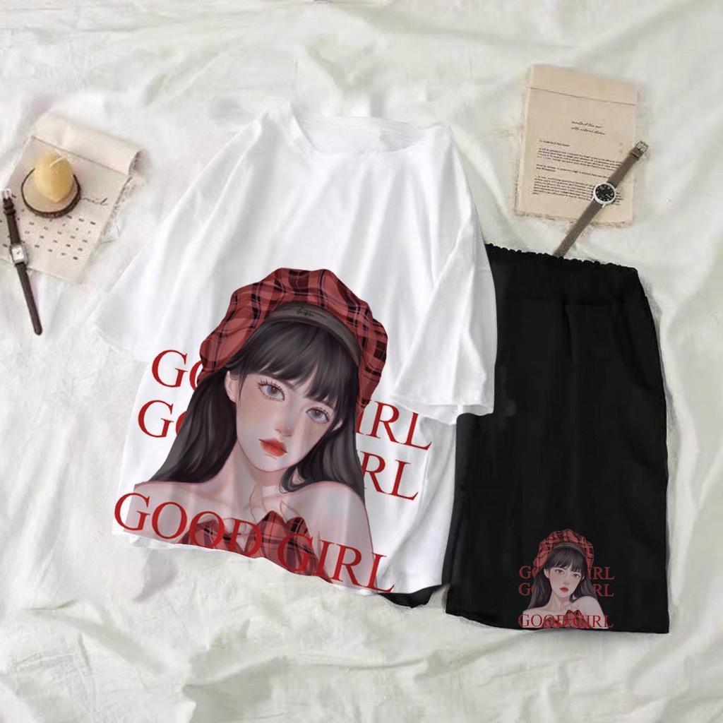 SET ÁO THUN 3D TAY LỞ + QUẦN SHORT NGỐ - QUẦN SHORT THUN + ÁO THUN IN HÌNH CÔ GÁI ULZZANG
