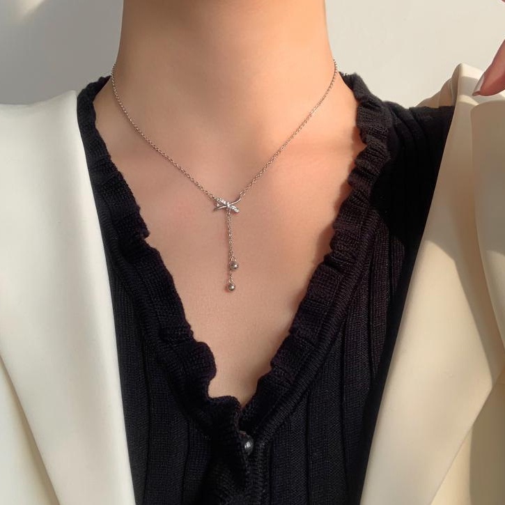 Dây chuyền bạc ý 925 nơ đính đá thời trang nữ vòng cổ