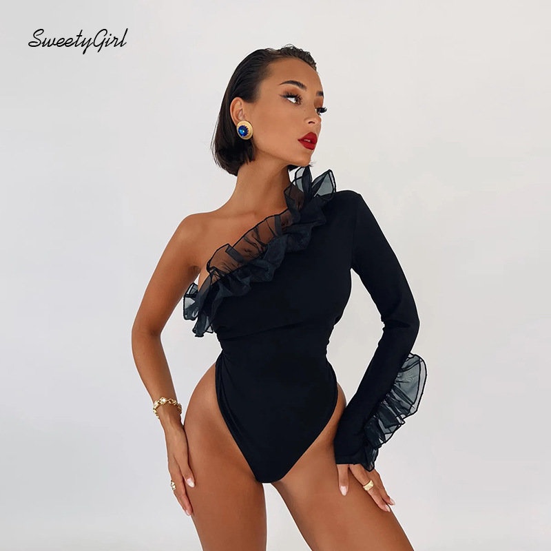 Áo Liền Quần Tay Dài Ôm Eo Không Đối Xứng Màu Đen Trơn Thời Trang 2022 Quyến Rũ Cho Nữ