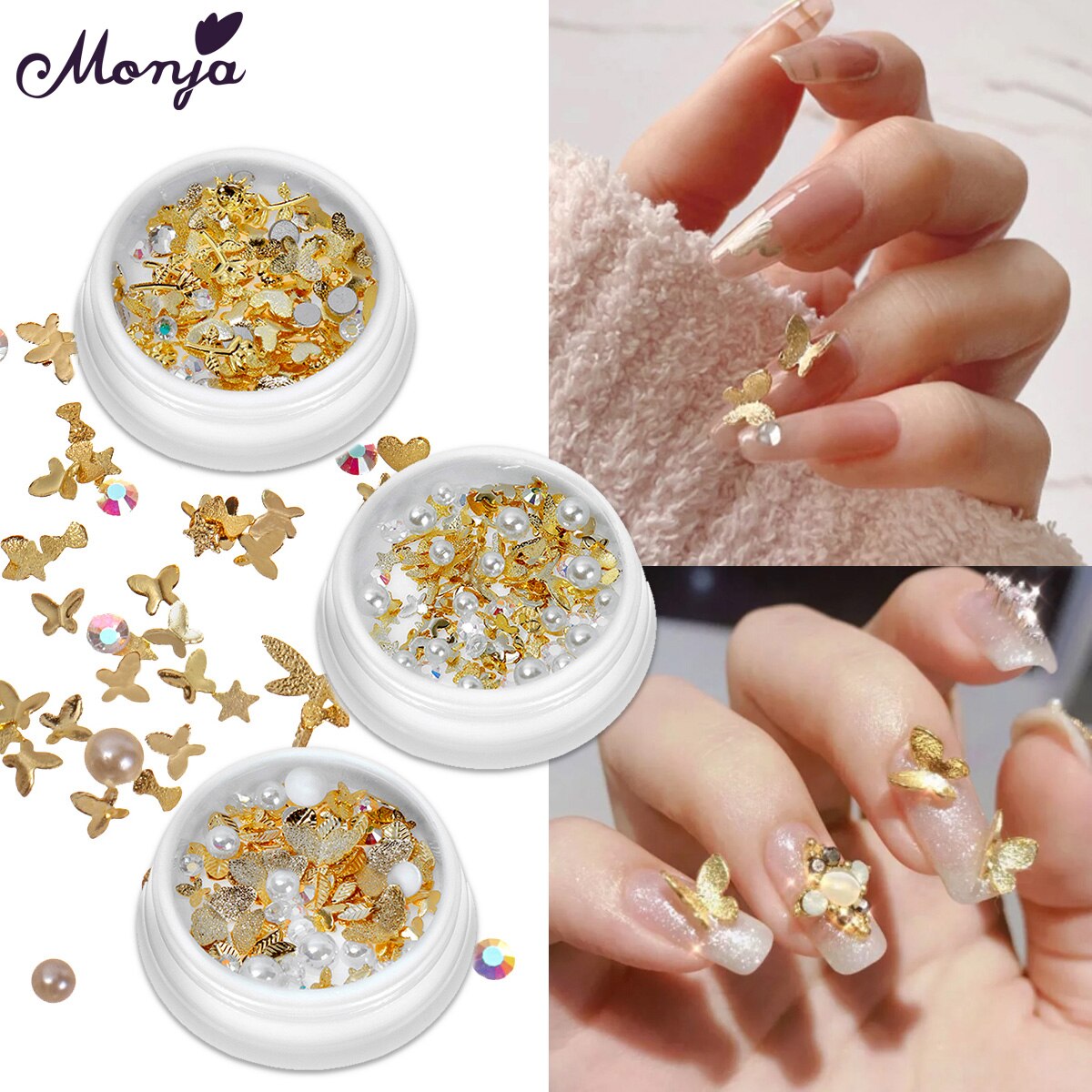 [Hàng mới về] Phụ kiện hạt sequin 3D Monja trang trí móng hình bướm hoa lá chuồn chuồn ngọc trai kim cương giả 3 kiểu