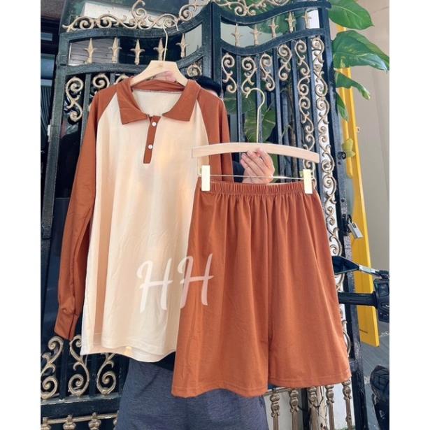 [Xa Kho] [Xa kho] Set Polo Nữ Form Rộng Phối Raplang , Bộ Thể Thao Tay Dài Áo Cổ Đức Tay Dài Kèm Quần Short Năng Động