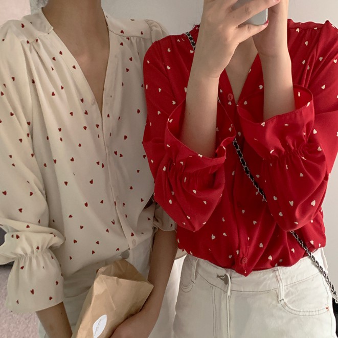 Áo sơ mi nữ kiểu form rộng hoa tiết chấm tim nữ tính phong cách ulzzang Hàn Quốc - Maoshop