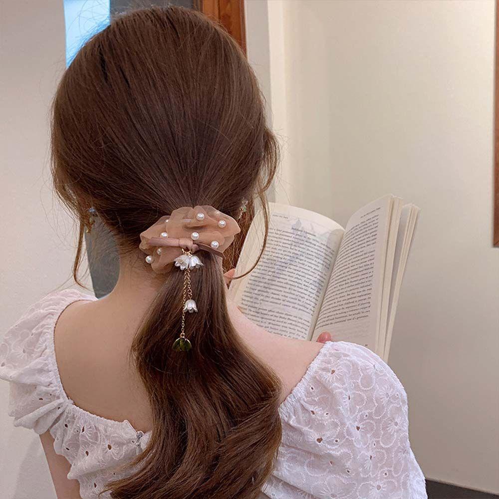 Dây Buộc Tóc Vải Lưới Đính Hoa Phối Tua Rua Dễ Thương Cho Bạn Gái