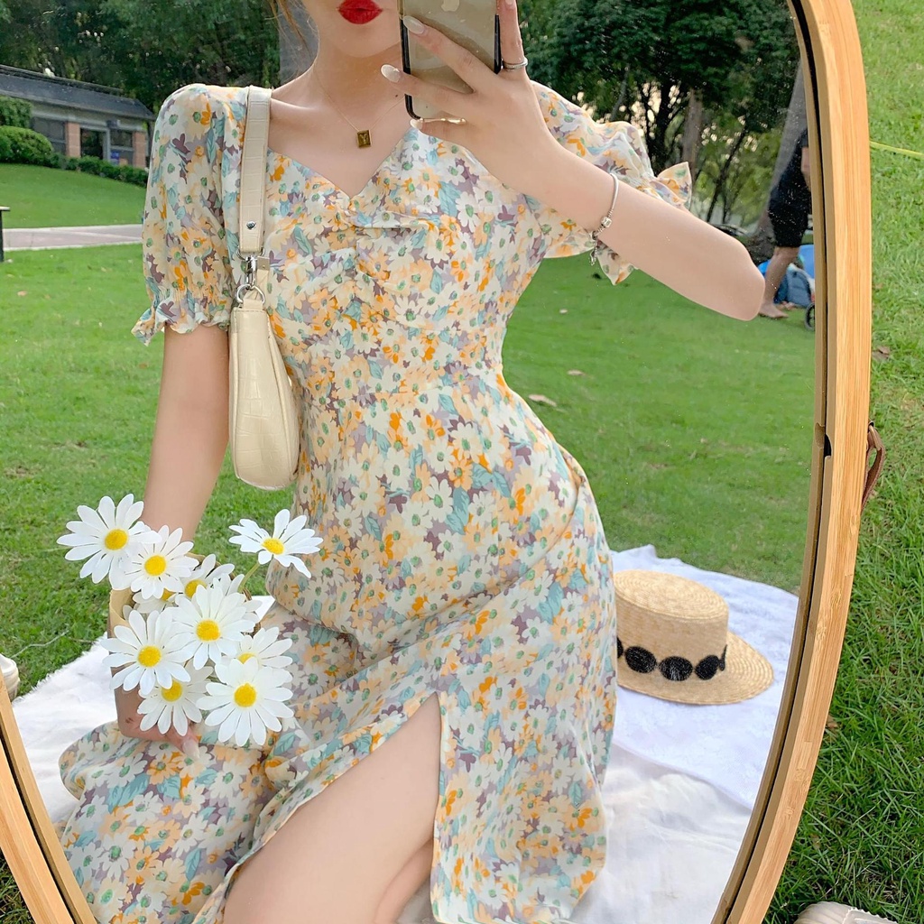 Đầm Chữ a Cổ Chữ v Tay Phồng Xẻ Tà In Họa Tiết Hoa Phong Cách Pháp Thời Trang Mùa Hè Hàng Mới 2022 Dành Cho Bạn Nữ